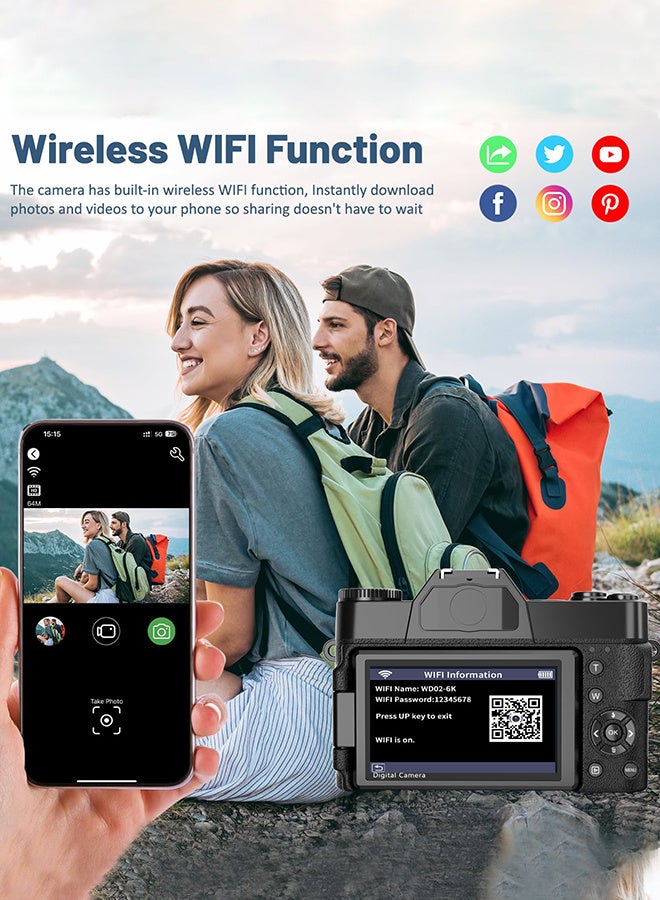 6K Digital Camera 3.0-inch IPS screen for Photography Video Autofocus, 52MM Lens, Anti-Shake 64MP YouTube Vlogging Camera 180°Flip Screen WiFi Camera with Flash, Autofocus, With lens, with 128G TF C - Image 4