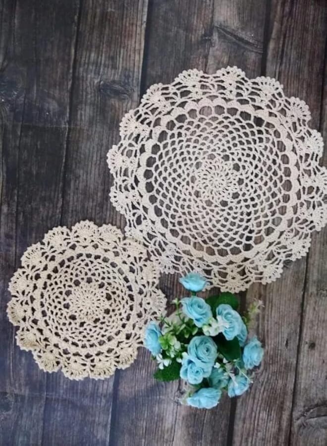 Yulakes Set of 2 Handmade Lace Crochet Cotton Placemats, Cup Coasters, Lace Doilies, Crochet Doilies, Tablecloth, Crocheted Tea Mats, Pan Mat, 20 cm / 30 cm, Beige