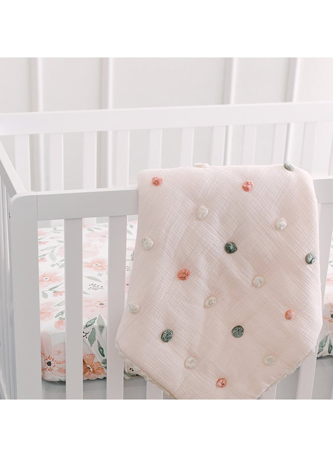 Crane BABY - Blanket, Soft Cotton Pom Pom Nursery And Toddler Blanket For Boys And Girls, Light Pink, 36” X 36” - Image 1