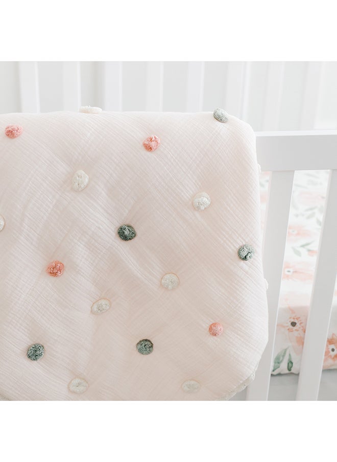 Crane BABY - Blanket, Soft Cotton Pom Pom Nursery And Toddler Blanket For Boys And Girls, Light Pink, 36” X 36” - Image 1