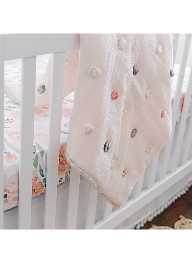 Crane BABY - Blanket, Soft Cotton Pom Pom Nursery And Toddler Blanket For Boys And Girls, Light Pink, 36” X 36” - Image 1