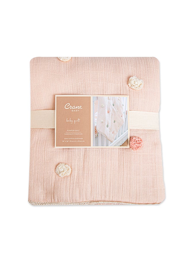 Crane BABY - Blanket, Soft Cotton Pom Pom Nursery And Toddler Blanket For Boys And Girls, Light Pink, 36” X 36” - Image 1