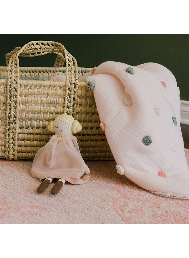Crane BABY - Blanket, Soft Cotton Pom Pom Nursery And Toddler Blanket For Boys And Girls, Light Pink, 36” X 36” - Image 1