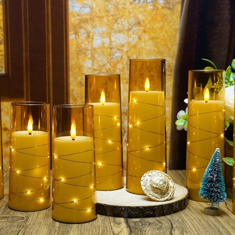 LTETTES Gold Flameless LED Candles | 9 Pc Set with Timer | 5", 6", 7" – 3 Each Size | Embedded Star String Lights | Acrylic Shell | Battery Operated | Romantic Ambiance & Home Decor - Image 4