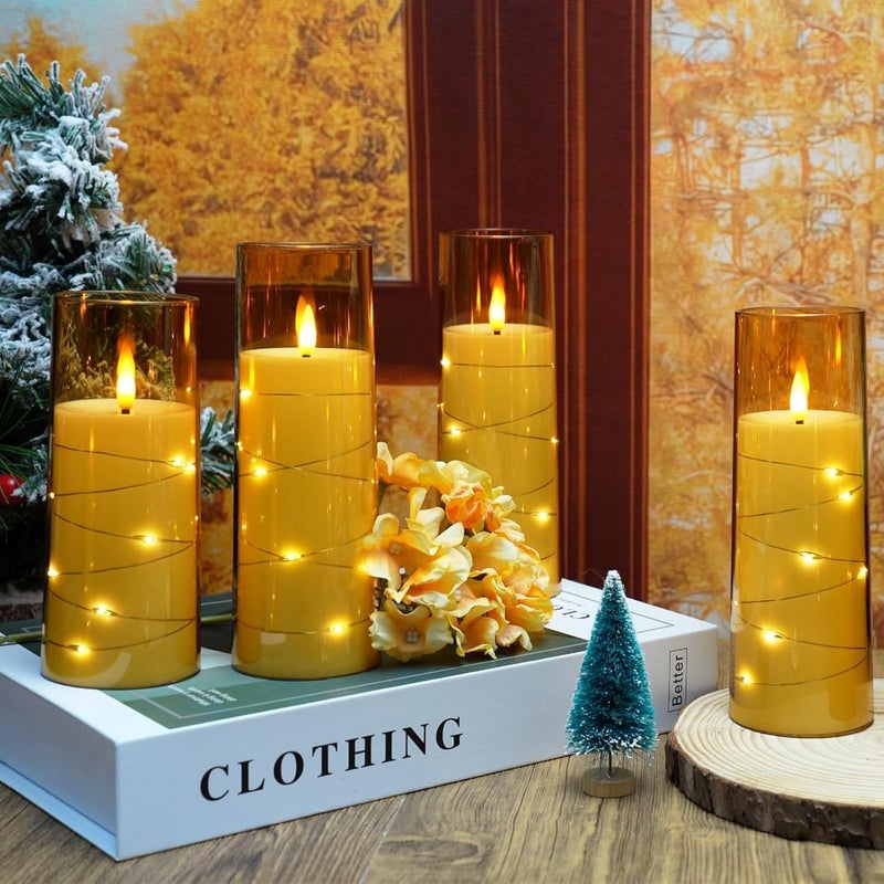 LTETTES Gold Flameless LED Candles | 9 Pc Set with Timer | 5", 6", 7" – 3 Each Size | Embedded Star String Lights | Acrylic Shell | Battery Operated | Romantic Ambiance & Home Decor - Image 3