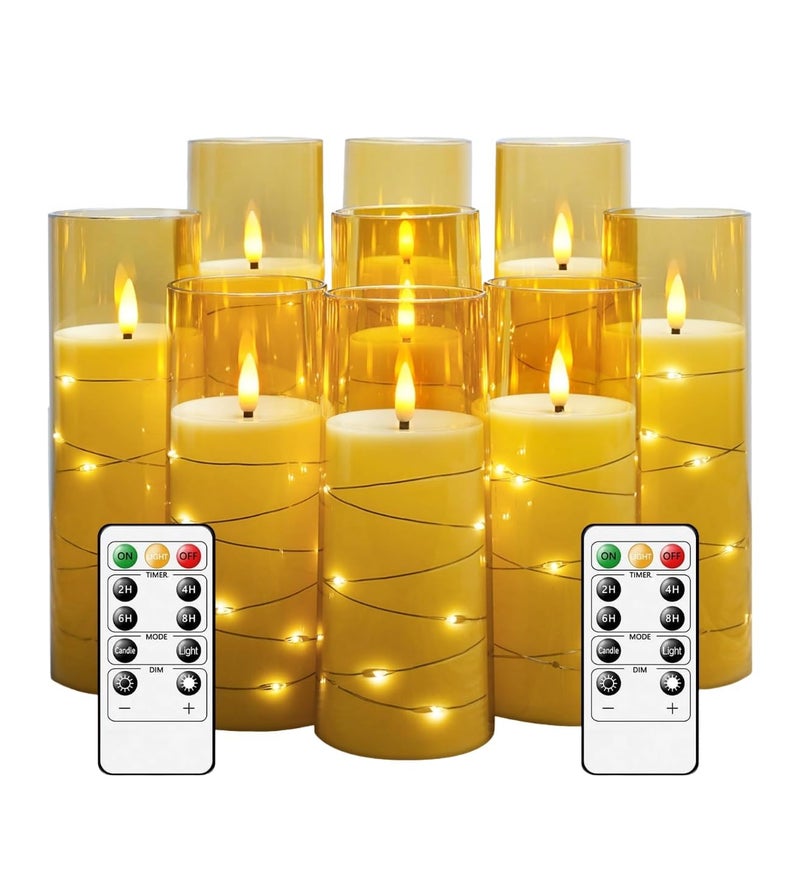 LTETTES Gold Flameless LED Candles | 9 Pc Set with Timer | 5", 6", 7" – 3 Each Size | Embedded Star String Lights | Acrylic Shell | Battery Operated | Romantic Ambiance & Home Decor - Image 1