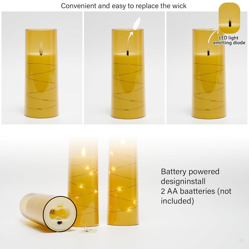 LTETTES Gold Flameless LED Candles | 9 Pc Set with Timer | 5", 6", 7" – 3 Each Size | Embedded Star String Lights | Acrylic Shell | Battery Operated | Romantic Ambiance & Home Decor - Image 5