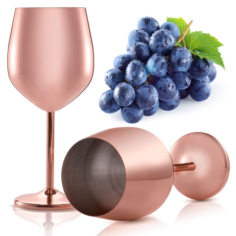 DEAYOU 2 Pack Stainless Steel Wine Glass 17 Oz Unbreakable Stemmed Wine Glasses Rose Gold Metal Wine Goblet for Champagne Indoor Outdoor Party