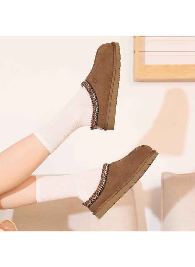 OOW Genuine Suede Slippers for Women with Memory Foam Fuzzy House Shoes for Indoor Outdoor, Chestnut, 9 Wide - Image 4