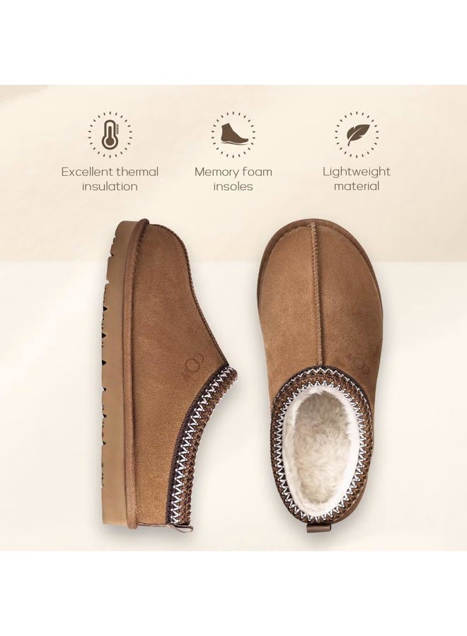 OOW Genuine Suede Slippers for Women with Memory Foam Fuzzy House Shoes for Indoor Outdoor, Chestnut, 9 Wide - Image 2