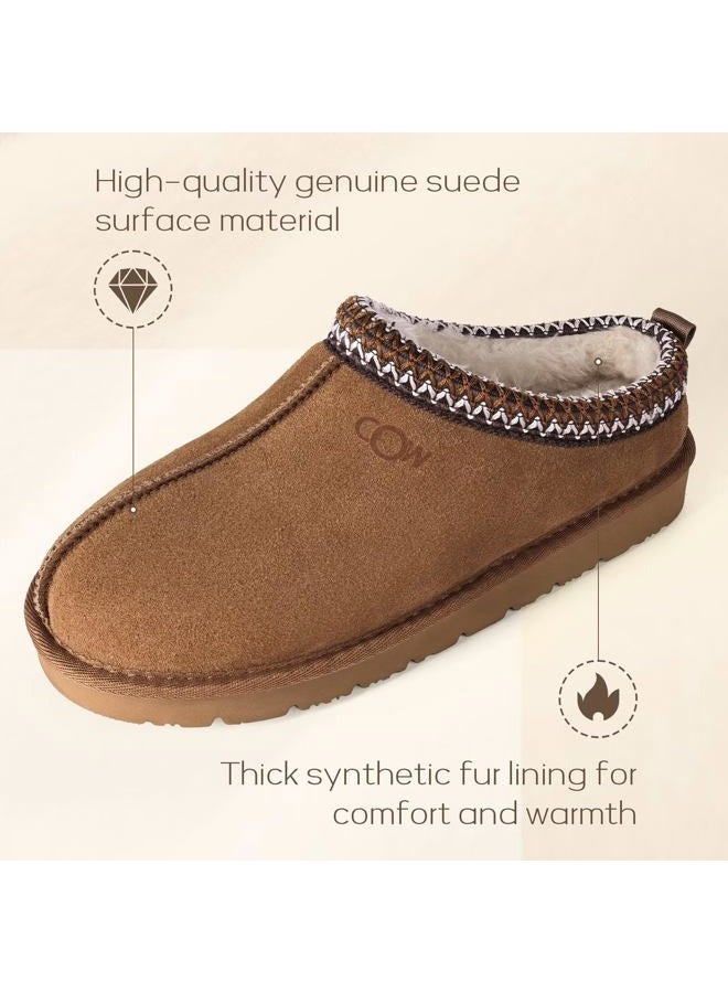 OOW Genuine Suede Slippers for Women with Memory Foam Fuzzy House Shoes for Indoor Outdoor, Chestnut, 9 Wide - Image 3