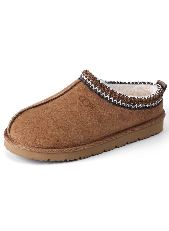 OOW Genuine Suede Slippers for Women with Memory Foam Fuzzy House Shoes for Indoor Outdoor, Chestnut, 9 Wide - Image 1
