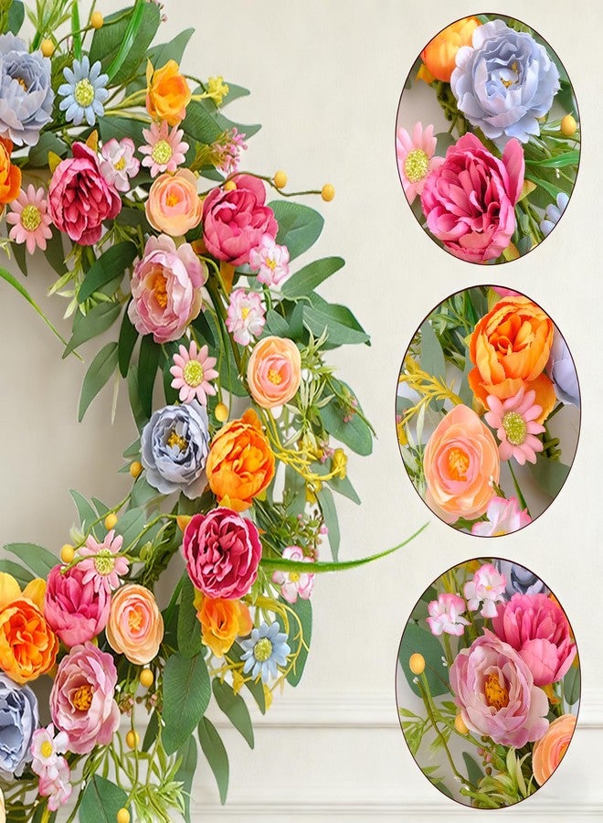 Egolot 24 Inch Spring Summer Penoy Wreath for Front Door, Colorful Wildflowers Floral Eucalyptus Wreath for Indoor Outdoor, All Seasons Everyday Wreaths for Front Door Outside - Image 2