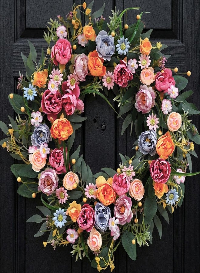 Egolot 24 Inch Spring Summer Penoy Wreath for Front Door, Colorful Wildflowers Floral Eucalyptus Wreath for Indoor Outdoor, All Seasons Everyday Wreaths for Front Door Outside - Image 1