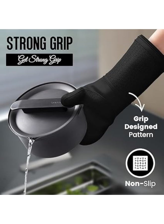 زوج من قفازات الفرن المصنوعة من السيليكون، قفازات طويلة للغاية مقاومة للحرارة، مصنفة حتى 260 درجة، مرنة، مانعة للانزلاق، تحمي أثناء الطهي والخبز، بطانة داخلية ناعمة، طقم حامل أواني المطبخ (أسود) - Image 4