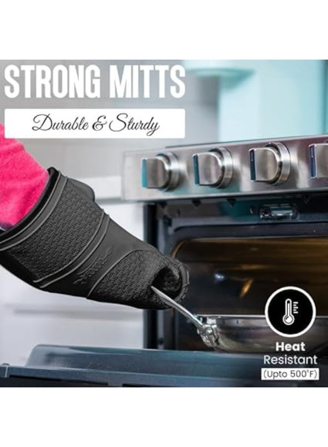 زوج من قفازات الفرن المصنوعة من السيليكون، قفازات طويلة للغاية مقاومة للحرارة، مصنفة حتى 260 درجة، مرنة، مانعة للانزلاق، تحمي أثناء الطهي والخبز، بطانة داخلية ناعمة، طقم حامل أواني المطبخ (أسود) - Image 3