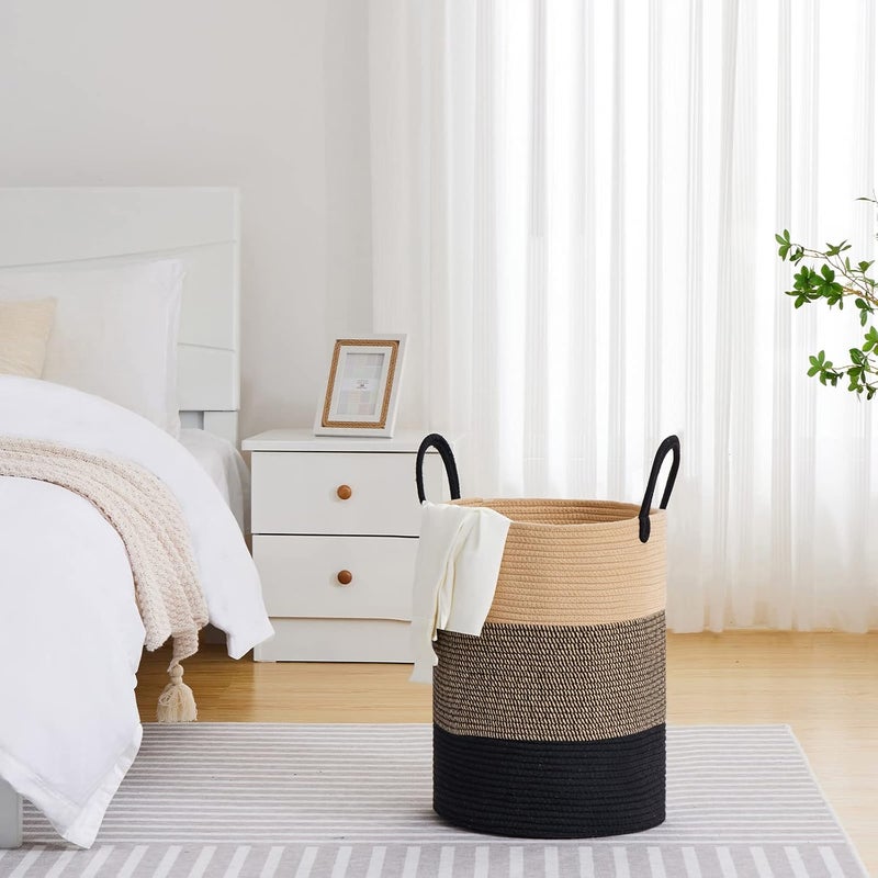 VIPOSCO Large Laundry Hamper, Tall Woven Rope Storage Basket for Blanket, Toys, Dirty Clothes in Living Room, Bathroom, Bedroom - 58L Brown & Black - Image 4