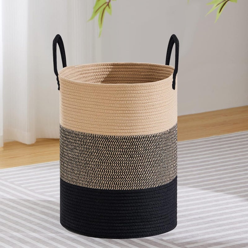 VIPOSCO Large Laundry Hamper, Tall Woven Rope Storage Basket for Blanket, Toys, Dirty Clothes in Living Room, Bathroom, Bedroom - 58L Brown & Black - Image 1