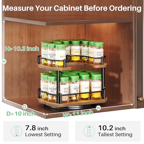 SNTD Spice Rack Organizer for Cabinet - Height Adjustable Rotating Lazy Susan, Wooden Spice Organization for Tabletop, Pantry, or Kitchen Counter, Fits Cabinets Over 11" Wide and 10.3" High - Image 2