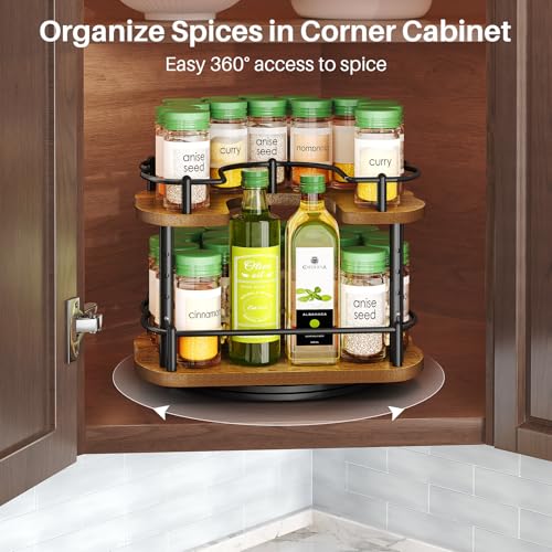 SNTD Spice Rack Organizer for Cabinet - Height Adjustable Rotating Lazy Susan, Wooden Spice Organization for Tabletop, Pantry, or Kitchen Counter, Fits Cabinets Over 11" Wide and 10.3" High - Image 4