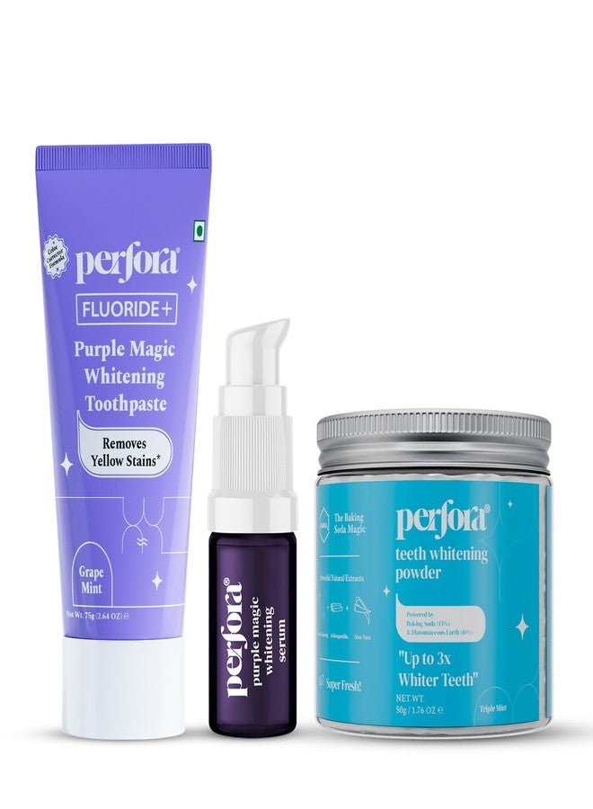 Perfora مجموعة تبييض الأسنان من بيرفورا - تبييض الأسنان في استخدام واحد | تركيبة آمنة للمينا وخالية من الحساسية للعناية بالفم لإزالة بقع الأسنان | معجون أسنان بنفسجي - 75 جرام، مسحوق تبييض الأسنان - 50 جرام وسيروم بنفسجي - 10 مل - Image 1