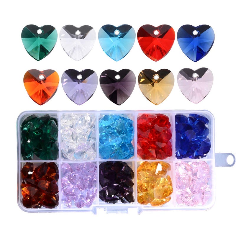 100pcs Crystal Heart Shaped Beads  LONGWIN 14mm Multicolor Glass Spacer Beads for Necklaces Bracelets Earring with Storage Box