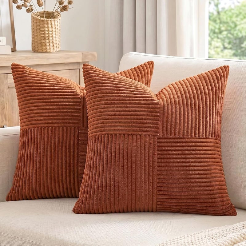 Fancy Homi غطاءان وسائد زخرفية من فانسي هومي بطبعة ريفية بوهيمية باللون الترابي مقاس 18x18 بوصة للأريكة والسرير والأسرة، ديكور منزل ريفي خريفي، غطاء وسادة ناعم من قماش الكوردوروي المزخرف بتقنية الترقيع والملمس المحبب مقاس 45x45 سم - Image 1