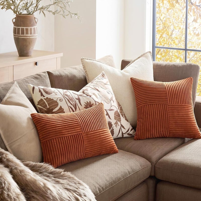 Fancy Homi غطاءان وسائد زخرفية من فانسي هومي بطبعة ريفية بوهيمية باللون الترابي مقاس 18x18 بوصة للأريكة والسرير والأسرة، ديكور منزل ريفي خريفي، غطاء وسادة ناعم من قماش الكوردوروي المزخرف بتقنية الترقيع والملمس المحبب مقاس 45x45 سم - Image 5