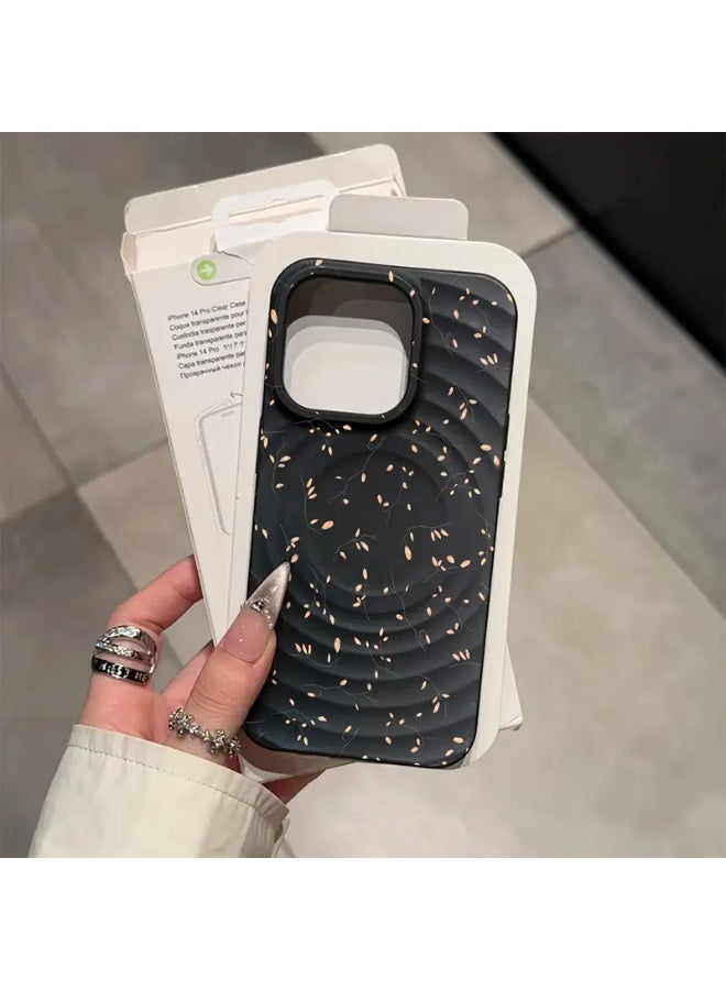 Temu Black phone case with simple elegant floral design, magnetic wireless charging, thick for shock resistance, provides full drop protection designed for iPhone 14
