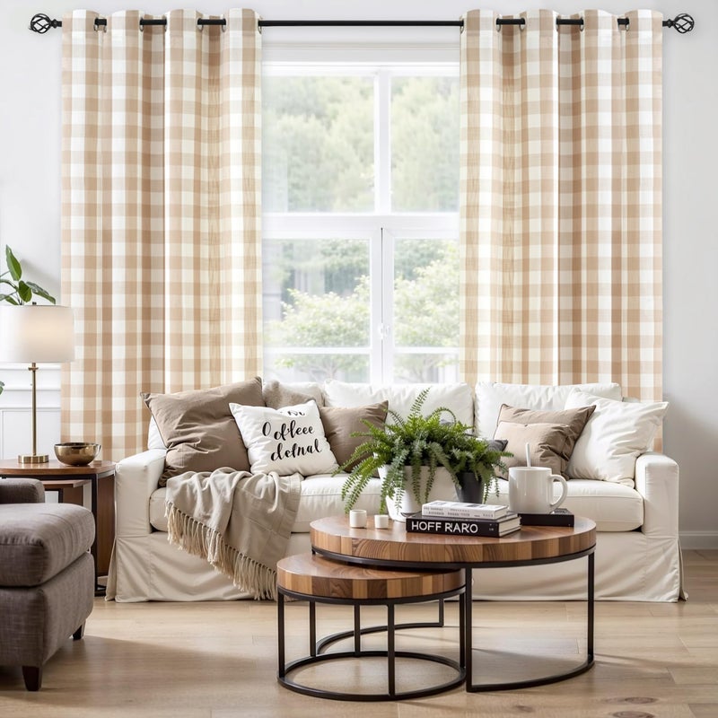 Jubilantex Buffalo Check Semi Sheer Curtain Panels Tan White Gingham Curtains Farmhouse Grommet Window Drapes for Living Room Bedroom 52"x84",2 Panels - Image 1