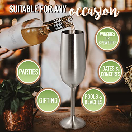 DECO Unbreakable 8 Oz Stainless Steel Champagne Flutes (2 Pk)- Large Stemmed Matte Silver Champagne Glasses - Reusable Indoor Outdoor Drinkware - Keeps Drink Cool for Longer- Graduation & Mother's Day Gift - Image 3