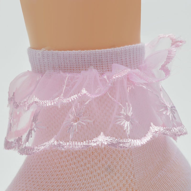 🧸 4 أزواج جوارب قطنية بطول الكاحل مع حواف منقوشة للفتيات بعمر 3 سنوات بالألوان الأزرق الفاتح والأبيض والوردي والأصفر - Image 2