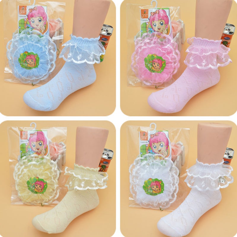 🧸 4 أزواج جوارب قطنية بطول الكاحل مع حواف منقوشة للفتيات بعمر 3 سنوات بالألوان الأزرق الفاتح والأبيض والوردي والأصفر - Image 4