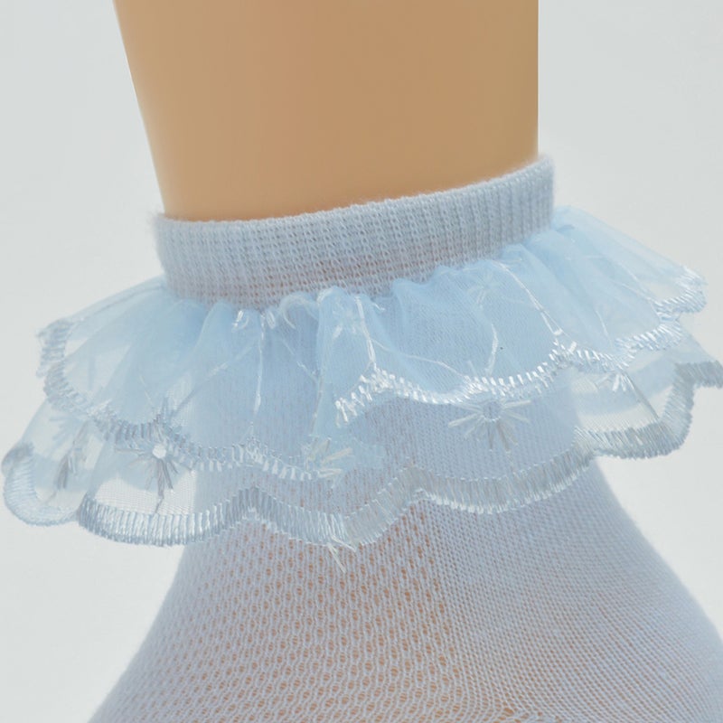 🧸 4 أزواج جوارب قطنية بطول الكاحل مع حواف منقوشة للفتيات بعمر 3 سنوات بالألوان الأزرق الفاتح والأبيض والوردي والأصفر - Image 5