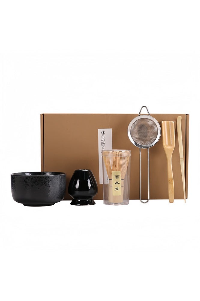طقم شاي ماتشا أسود – 6 قطع تشمل وعاء سيراميك أسود، مضرب ومثبت، منخل، ملعقة وخافق من الخيزران – طقم ماتشا ياباني لمحبي الشاي التقليدي - Image 1