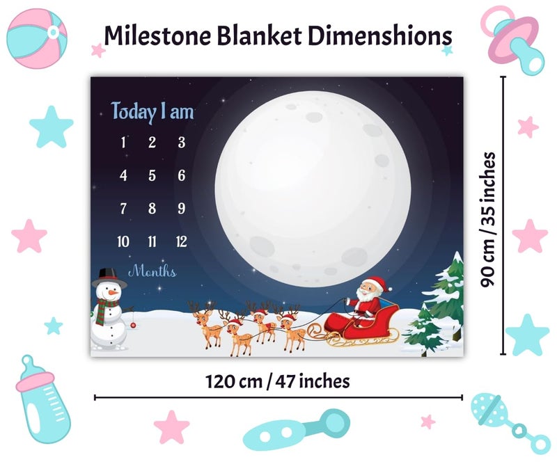 Hoolloomooloo Hoolloomooloo Baby Monthly Milestone Blanket | Santa’s Sleigh Night Design | 1-12 Months | Soft Blanket | Includes Golden Ring & 15 Milestone Cards | Growth Tracker & Photoshoot Prop | 120x90 cm  - Image 3