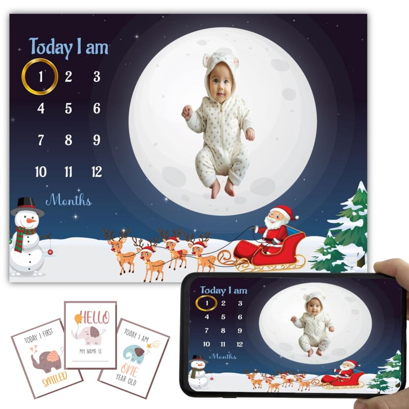 Hoolloomooloo Hoolloomooloo Baby Monthly Milestone Blanket | Santa’s Sleigh Night Design | 1-12 Months | Soft Blanket | Includes Golden Ring & 15 Milestone Cards | Growth Tracker & Photoshoot Prop | 120x90 cm  - Image 1