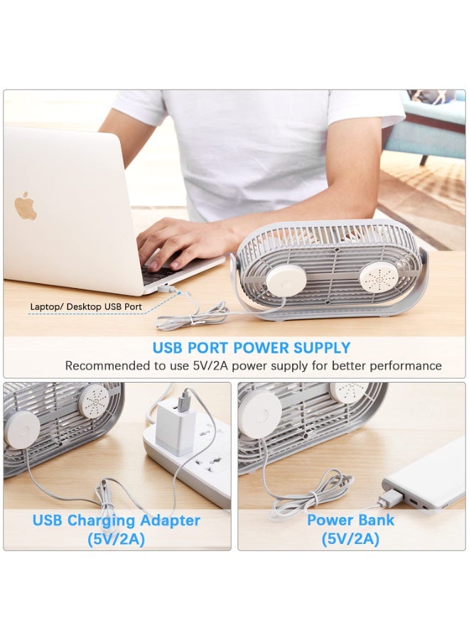 Hoteon Small Table Fan for Home, Portable USB Fan for Office, Double Fan with Dual Modes, 360° Vertical Rotation, 3 Speeds, Strong Wind Desk Fan, Quiet Operation, Gray - Image 5