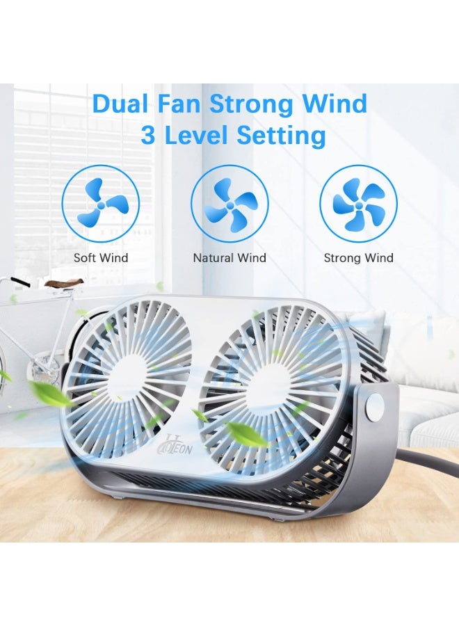 Hoteon Small Table Fan for Home, Portable USB Fan for Office, Double Fan with Dual Modes, 360° Vertical Rotation, 3 Speeds, Strong Wind Desk Fan, Quiet Operation, Gray - Image 4