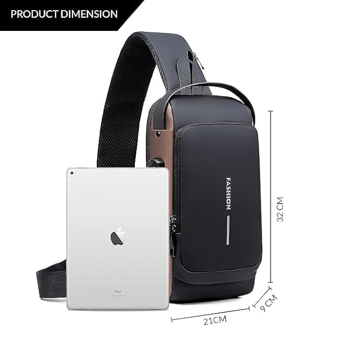 Zollyss Sling Bag for Man – Sling Bag for Men & Women with USB Charging Port, Waterproof, Anti-Theft Lock, Adjustable Strap, 32x21x9 cm | Brown Black - Image 2