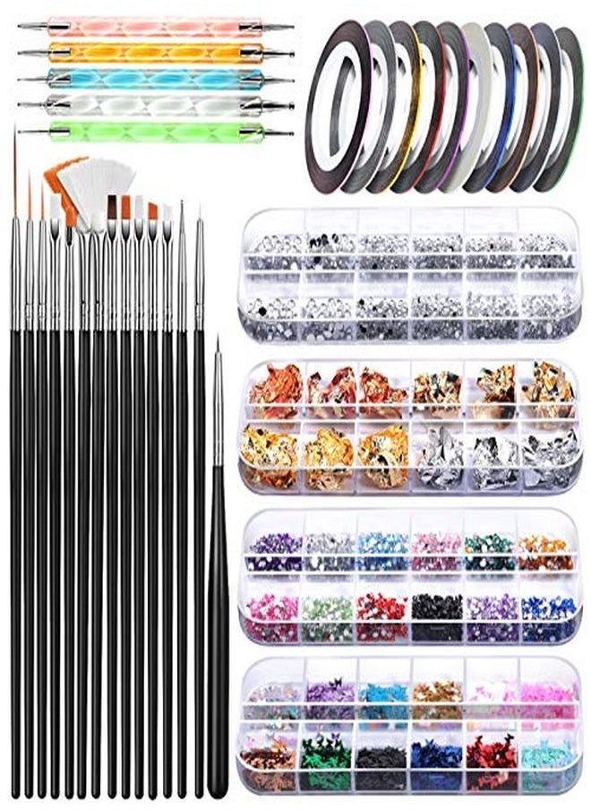 Teenitor Nail Art Brush, 3D Nail Art Decorations Kit With Nail Pen Designer Dotting Tools Colors Holographic Butterfly Nail Glitter Foil Flakes Nail Tape Strips And Multi-Color Nails Rhinestones  - Image 1
