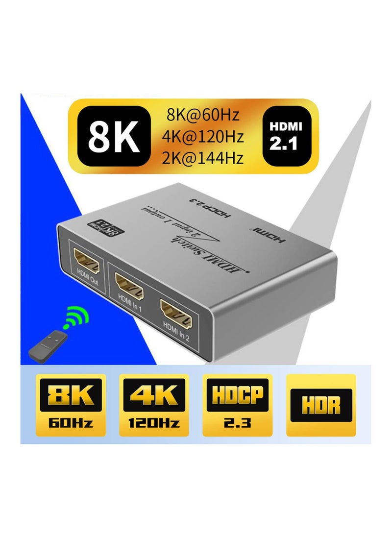 Generic - HDMI 2.1 Switch 8K HDMI Splitter, 2 in 1 with IR Remote 8K@60Hz 4K@120Hz 2 Input 1 Output HDCP2.3 CEC for Xbox PS5/ 4 Blue-ray Player Notebook PC Projectors Monitors - Image 1