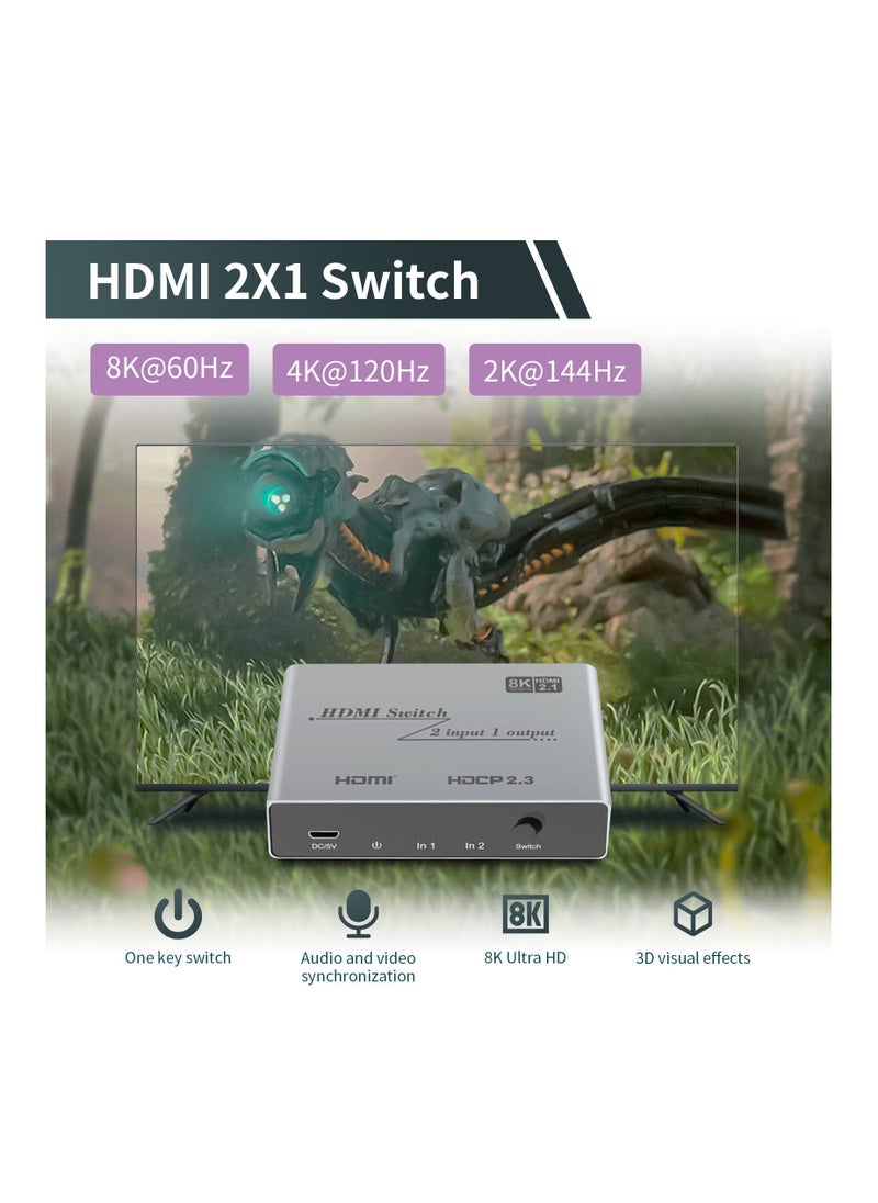 Generic - HDMI 2.1 Switch 8K HDMI Splitter, 2 in 1 with IR Remote 8K@60Hz 4K@120Hz 2 Input 1 Output HDCP2.3 CEC for Xbox PS5/ 4 Blue-ray Player Notebook PC Projectors Monitors - Image 1