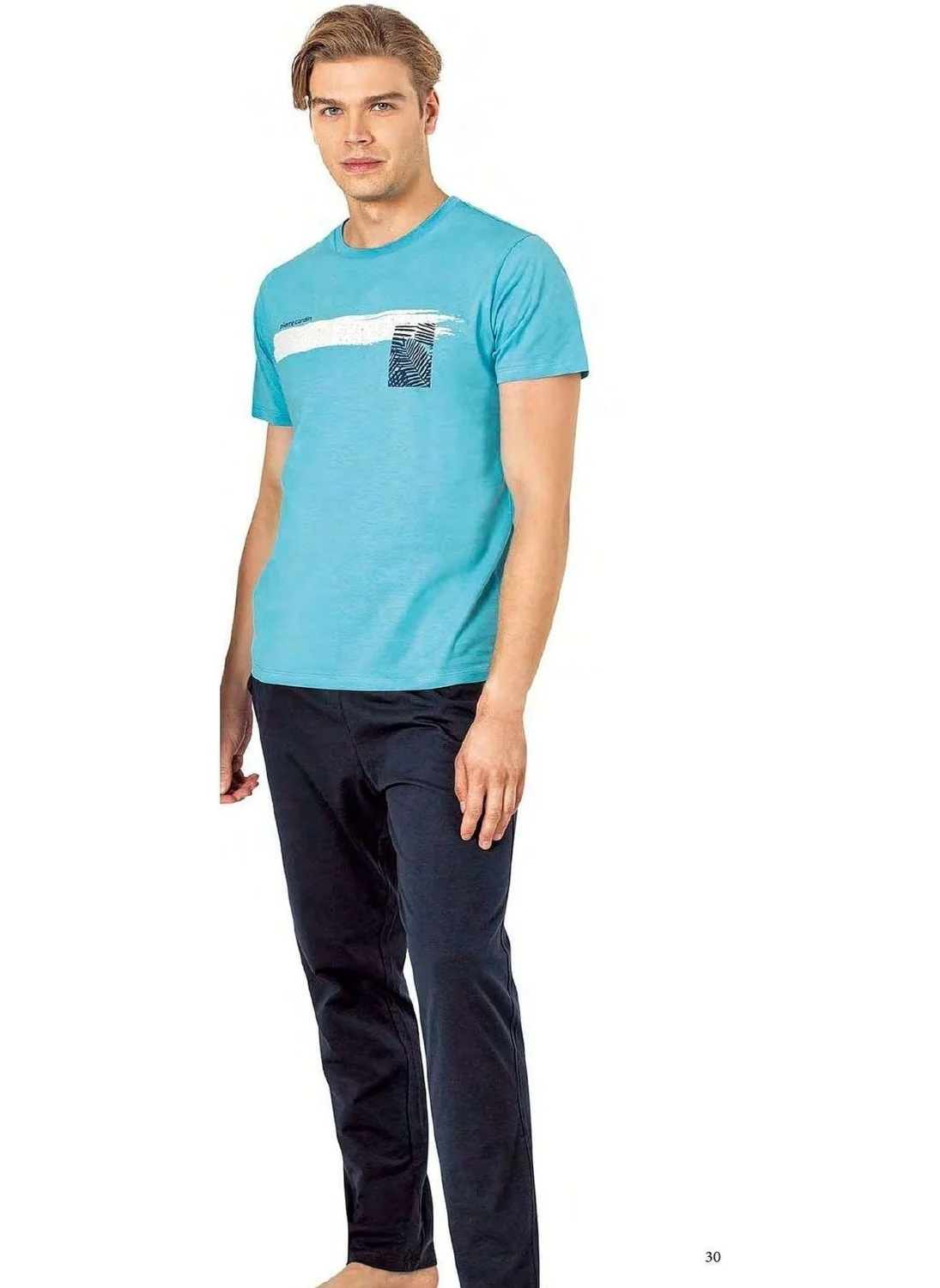 بيير كاردان 6077 Men's Short Sleeve Crew Neck Pajama Set-Blue