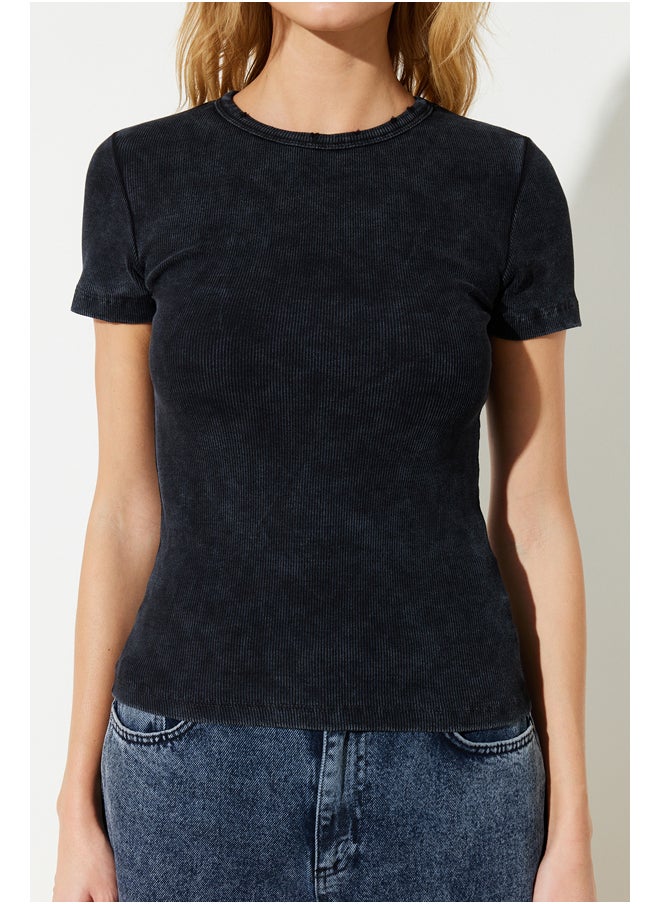 trendyol - Black Faded/Faded Effect Basic Ribbed Cotton Stretch Knit T-Shirt TWOSS24TS00000 - Image 1