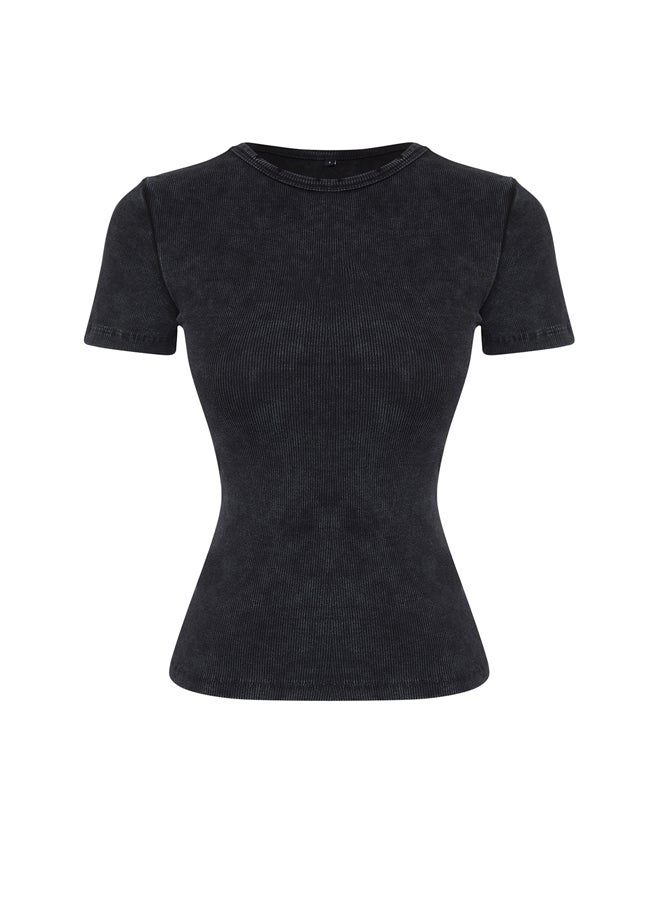 trendyol - Black Faded/Faded Effect Basic Ribbed Cotton Stretch Knit T-Shirt TWOSS24TS00000 - Image 1
