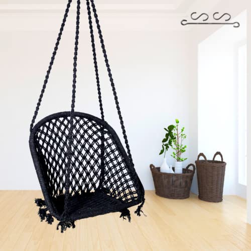 Patiofy Swing for Adults/Jhula for Adults/Wooden Swing for Living Room/Swing for Balcony/Swing Chair/Swing for Adults for Home/Cotton D Shape Hammock Hanging Swing/Includes Hanging Kit(Black) by Patiofy - Image 1