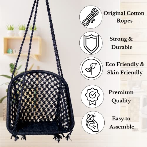 Patiofy Swing for Adults/Jhula for Adults/Wooden Swing for Living Room/Swing for Balcony/Swing Chair/Swing for Adults for Home/Cotton D Shape Hammock Hanging Swing/Includes Hanging Kit(Black) by Patiofy - Image 5