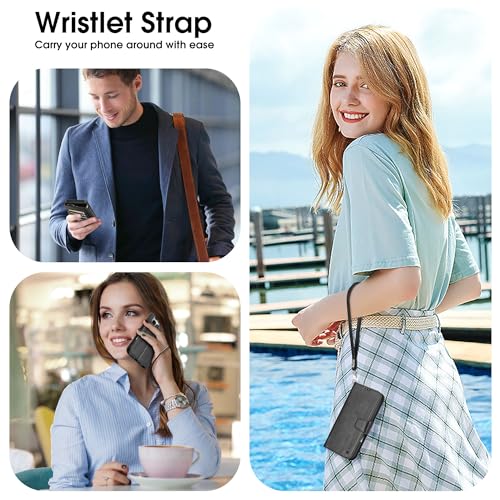 Arae Compatible with iPhone 17 Case Wallet with Card Holder, Wristlet Strap Wallet Flip Cover for iPhone 17 6.1 inch Men/Women, RFID Blocking, Kickstand, Black - Image 4