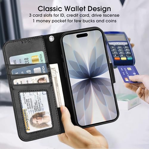 Arae Compatible with iPhone 17 Case Wallet with Card Holder, Wristlet Strap Wallet Flip Cover for iPhone 17 6.1 inch Men/Women, RFID Blocking, Kickstand, Black - Image 5